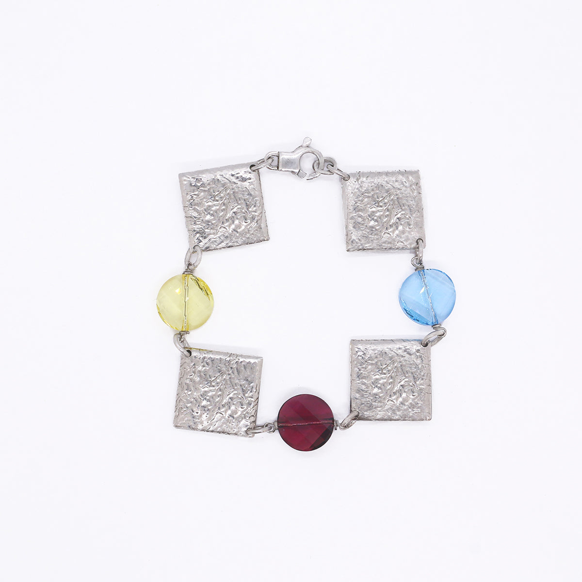 925 Silver Textured Square & Color Bead Bracelet