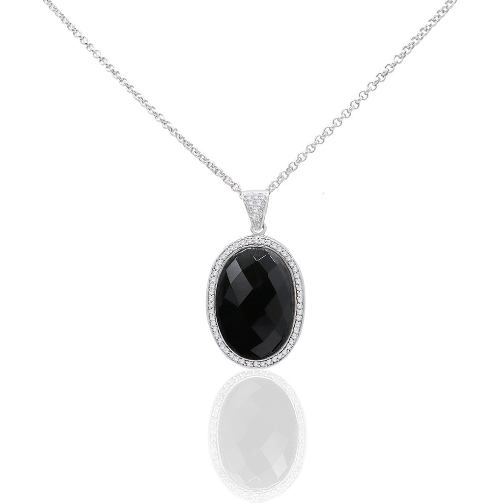 Sterling Silver Black Onyx Oval Pendant Necklace