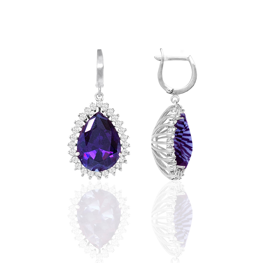 925 Silver Purple Halo Drop Earrings