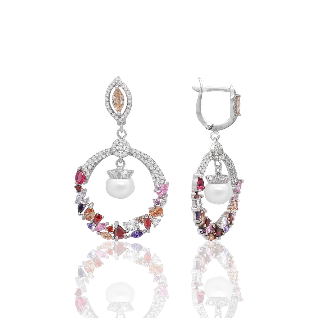Sterling Silver Multicolor Gemstone & Pearl Drop Earrings