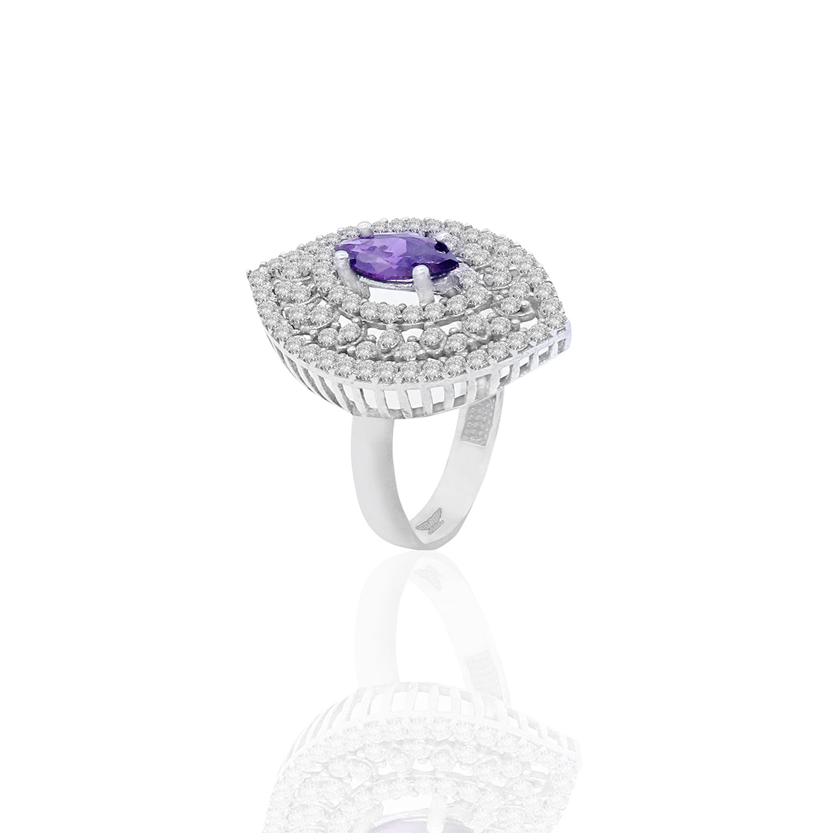 Sterling Silver Halo Ring with Purple Center Stone