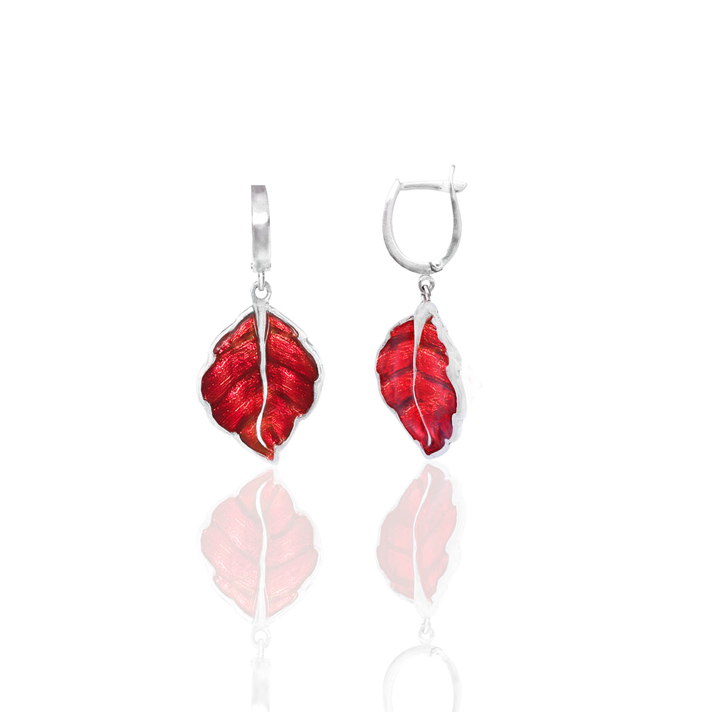 Sterling Silver Red Leaf Drop Earrings