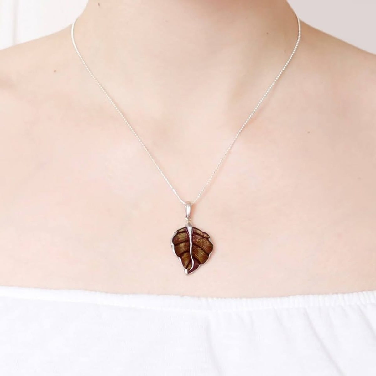 Silidia Brown Enamel Silver Leaf Pendant