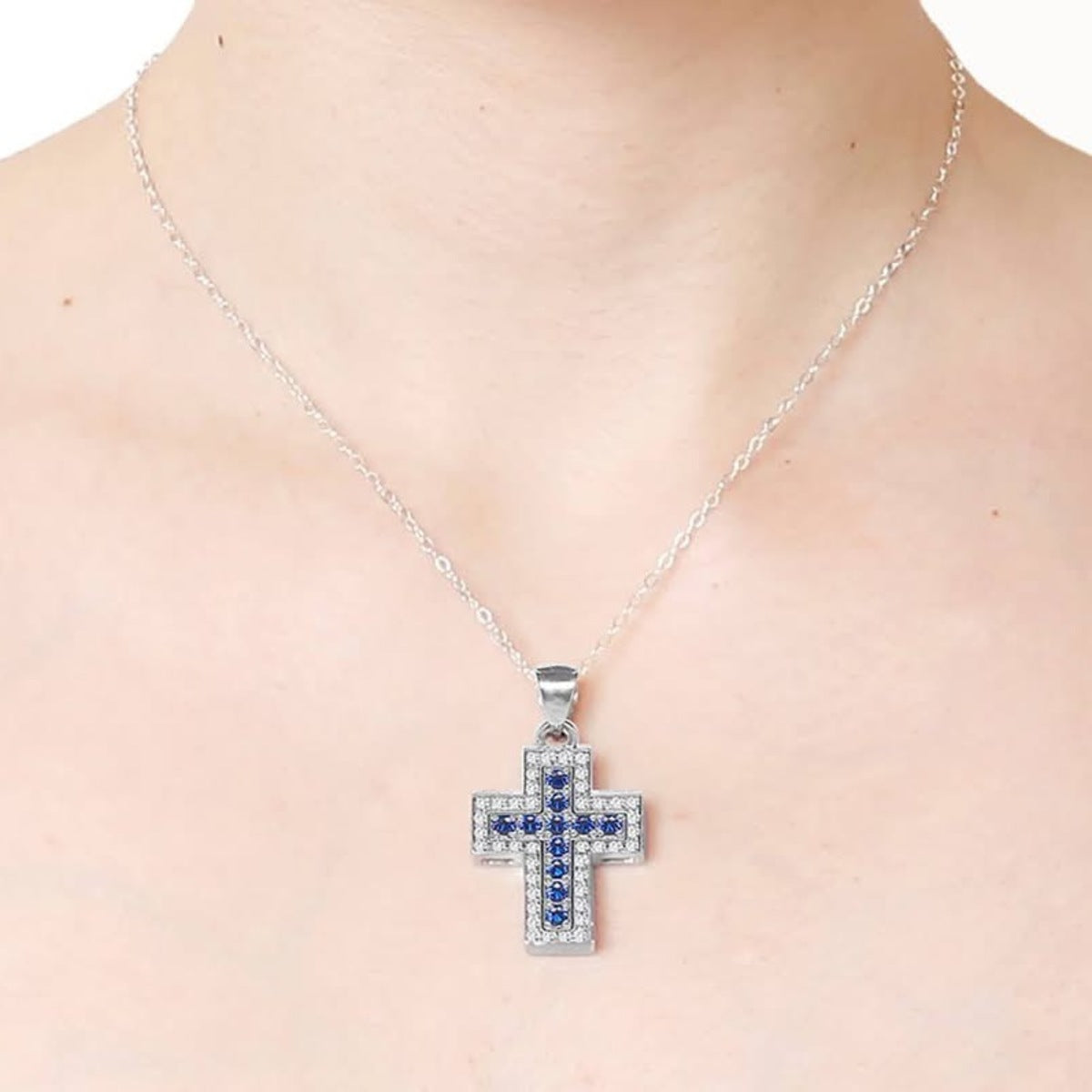 Silidia Silver Cross Cubic Pendant With Blue and White CZ