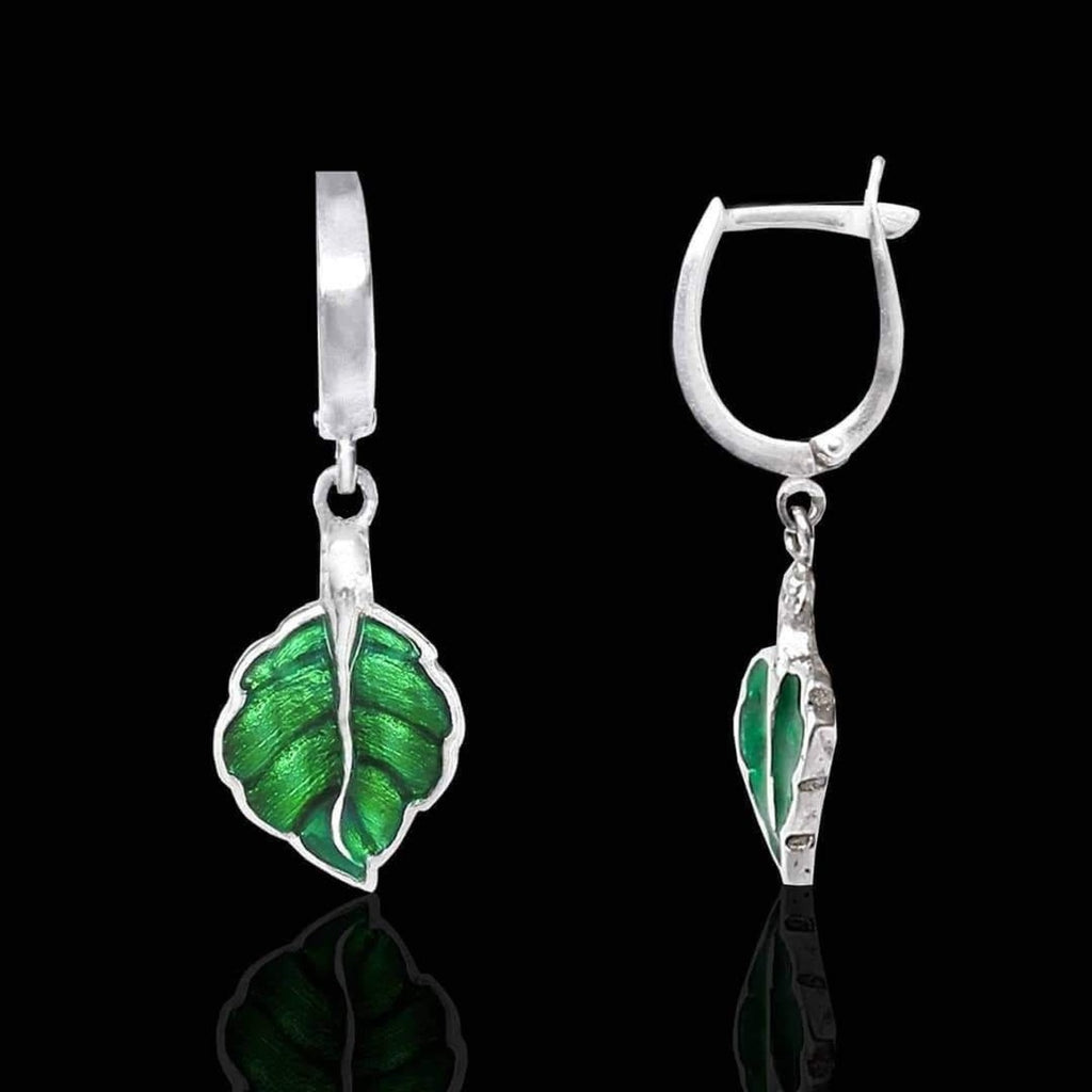 Silidia Green Enamel Silver Leaf Earrings