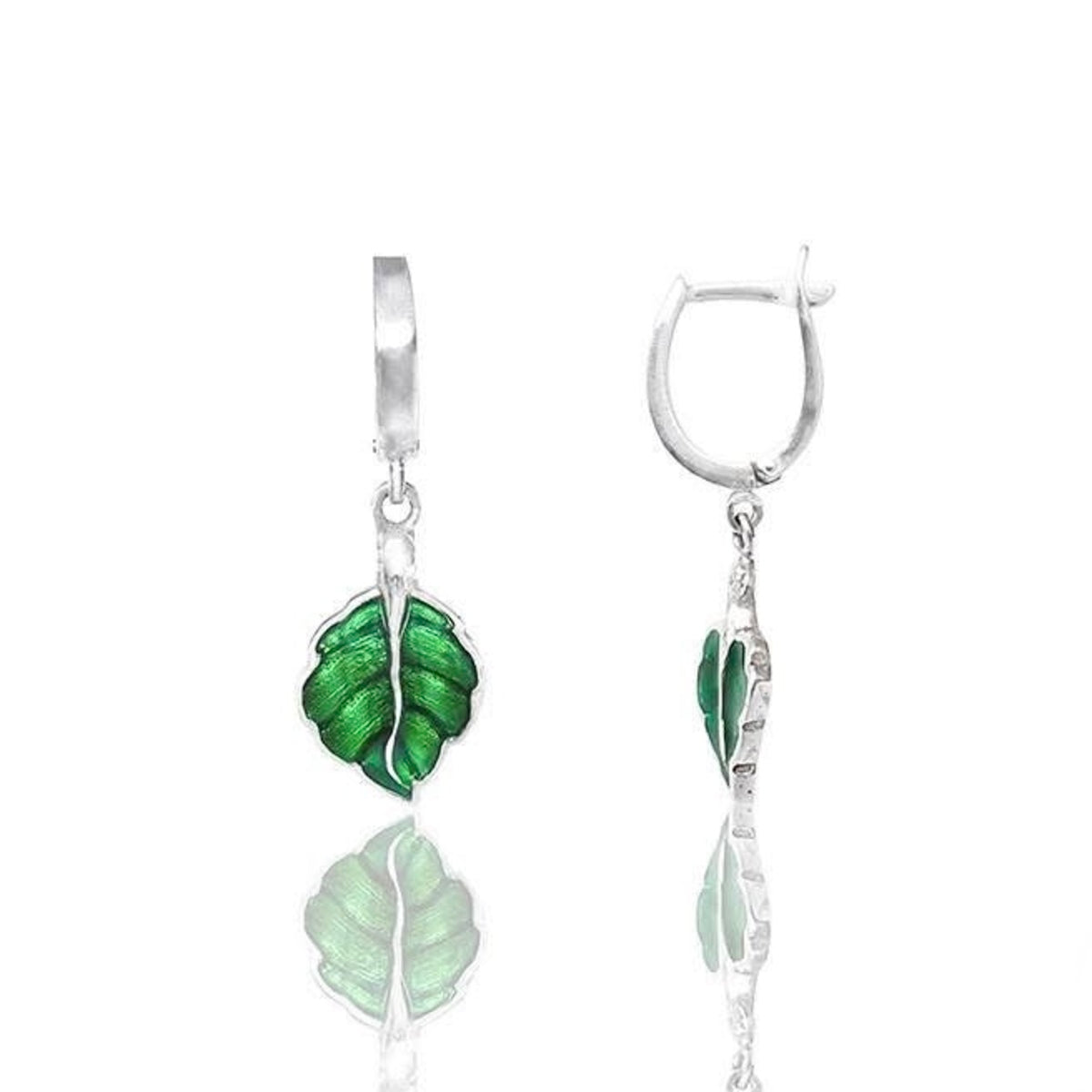 Silidia Green Enamel Silver Leaf Earrings