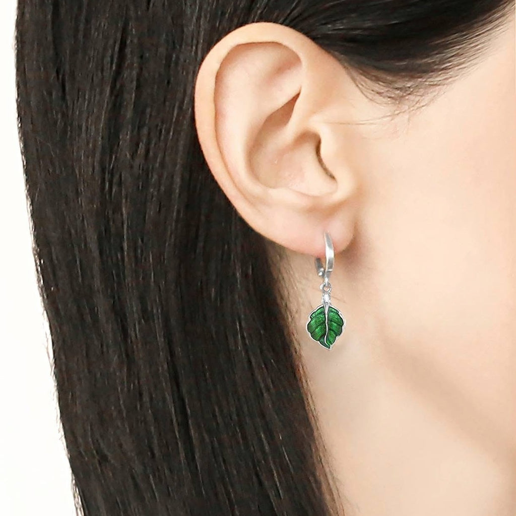 Silidia Green Enamel Silver Leaf Earrings