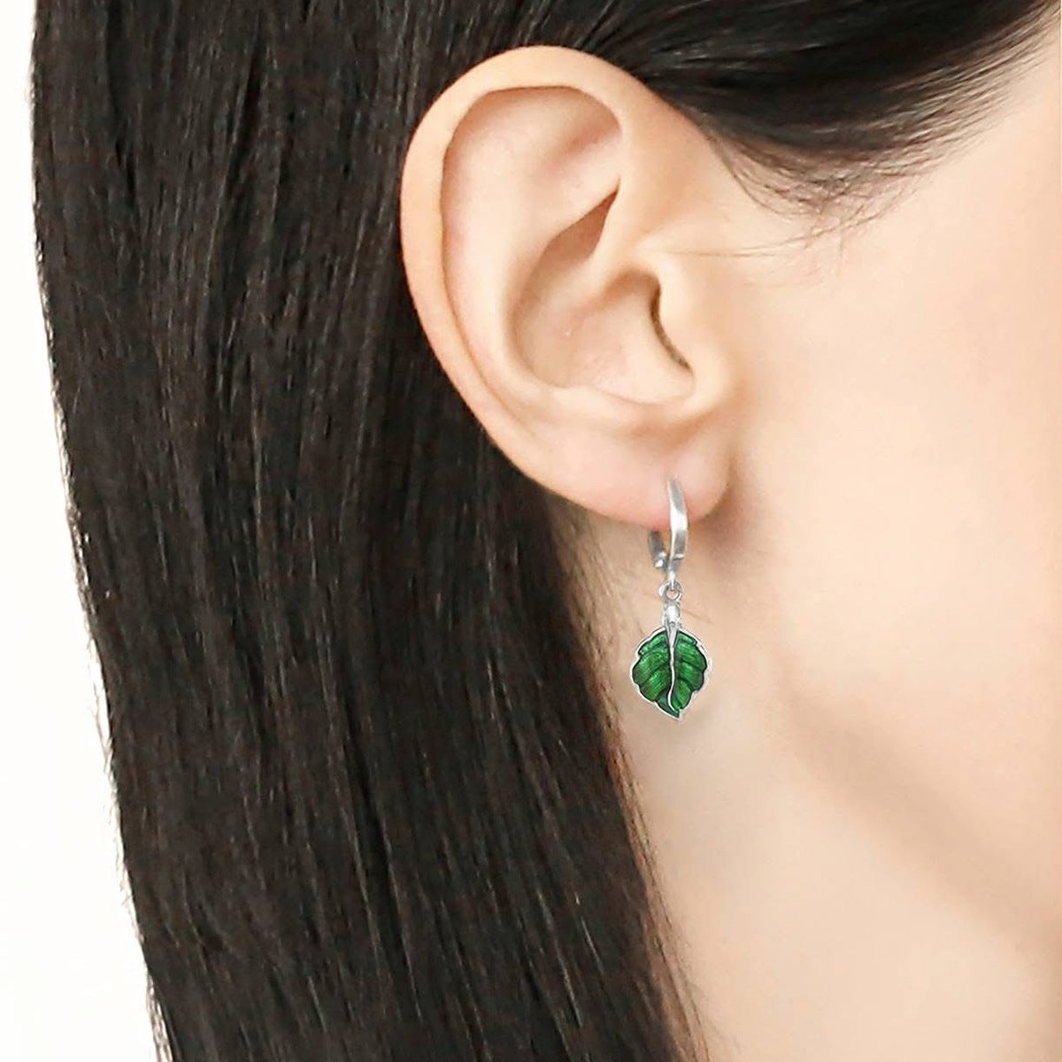 Silidia Green Enamel Silver Leaf Earrings