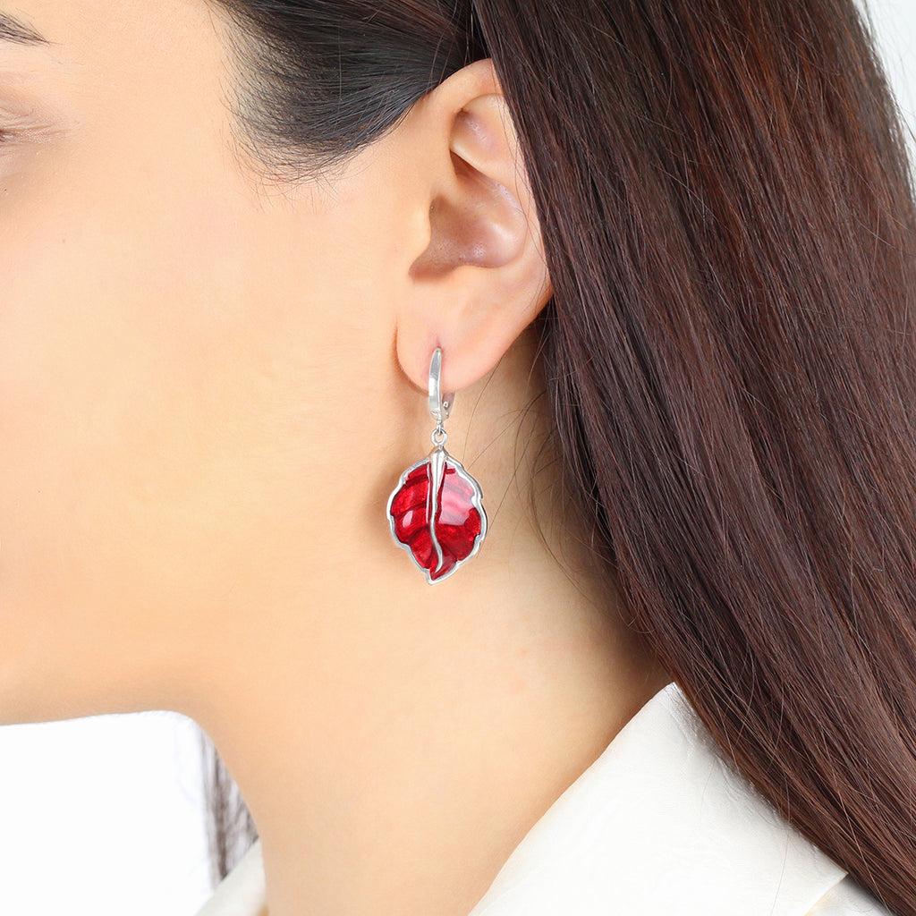Sterling Silver Red Leaf Drop Earrings