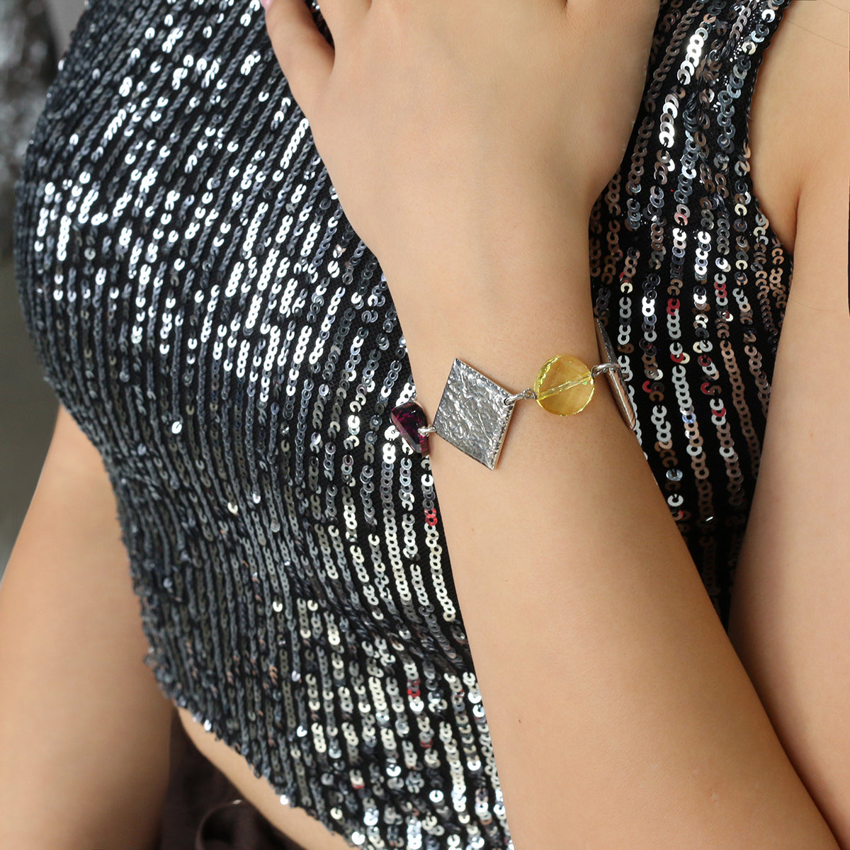 925 Silver Textured Square & Color Bead Bracelet