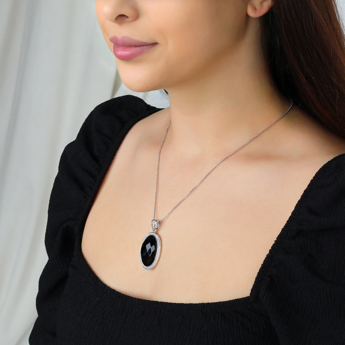 Sterling Silver Black Onyx Oval Pendant Necklace