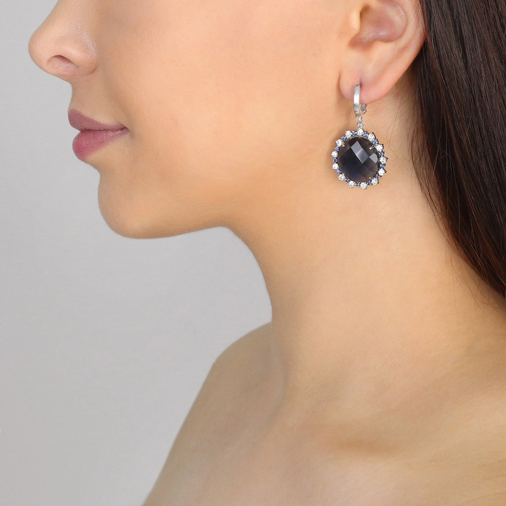 Sterling Silver Blue Stone Halo Drop Earrings