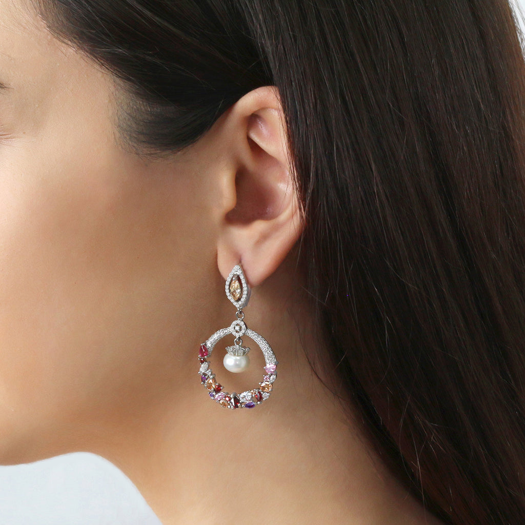 Sterling Silver Multicolor Gemstone & Pearl Drop Earrings
