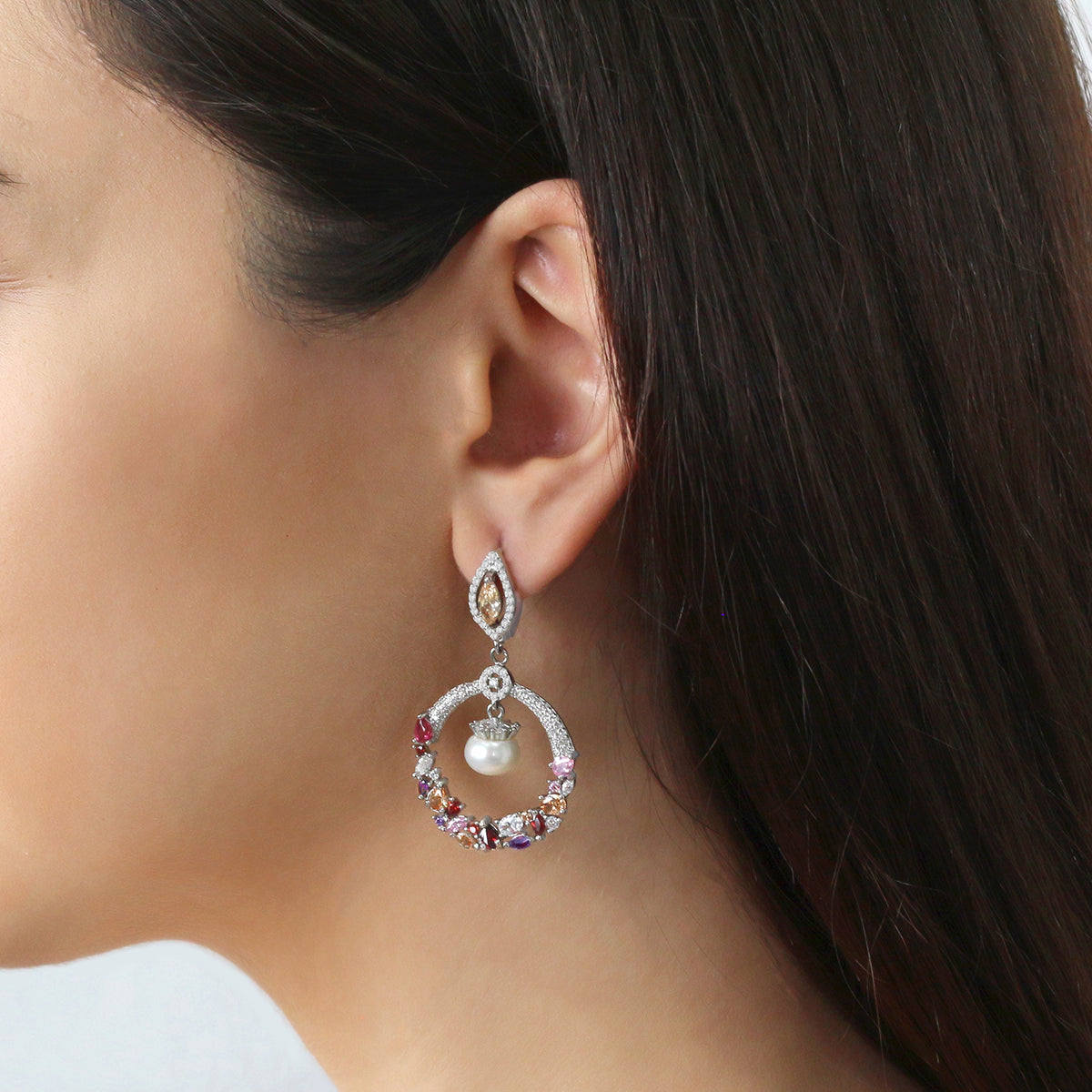 Sterling Silver Multicolor Gemstone & Pearl Drop Earrings