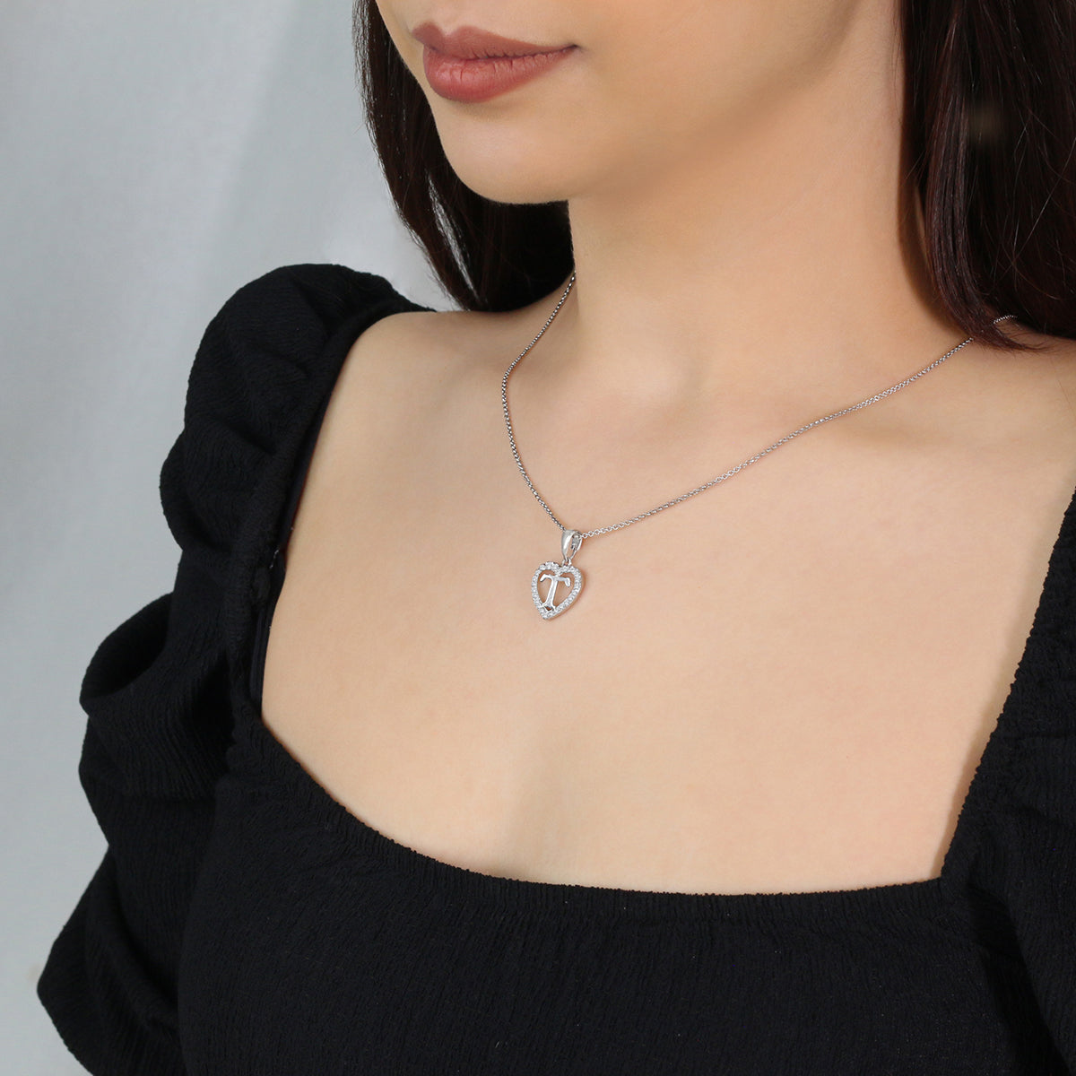 Sterling Silver Initial T Heart  Pendant
