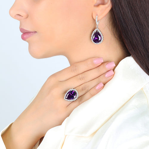 925 Silver Purple Halo Drop Earrings