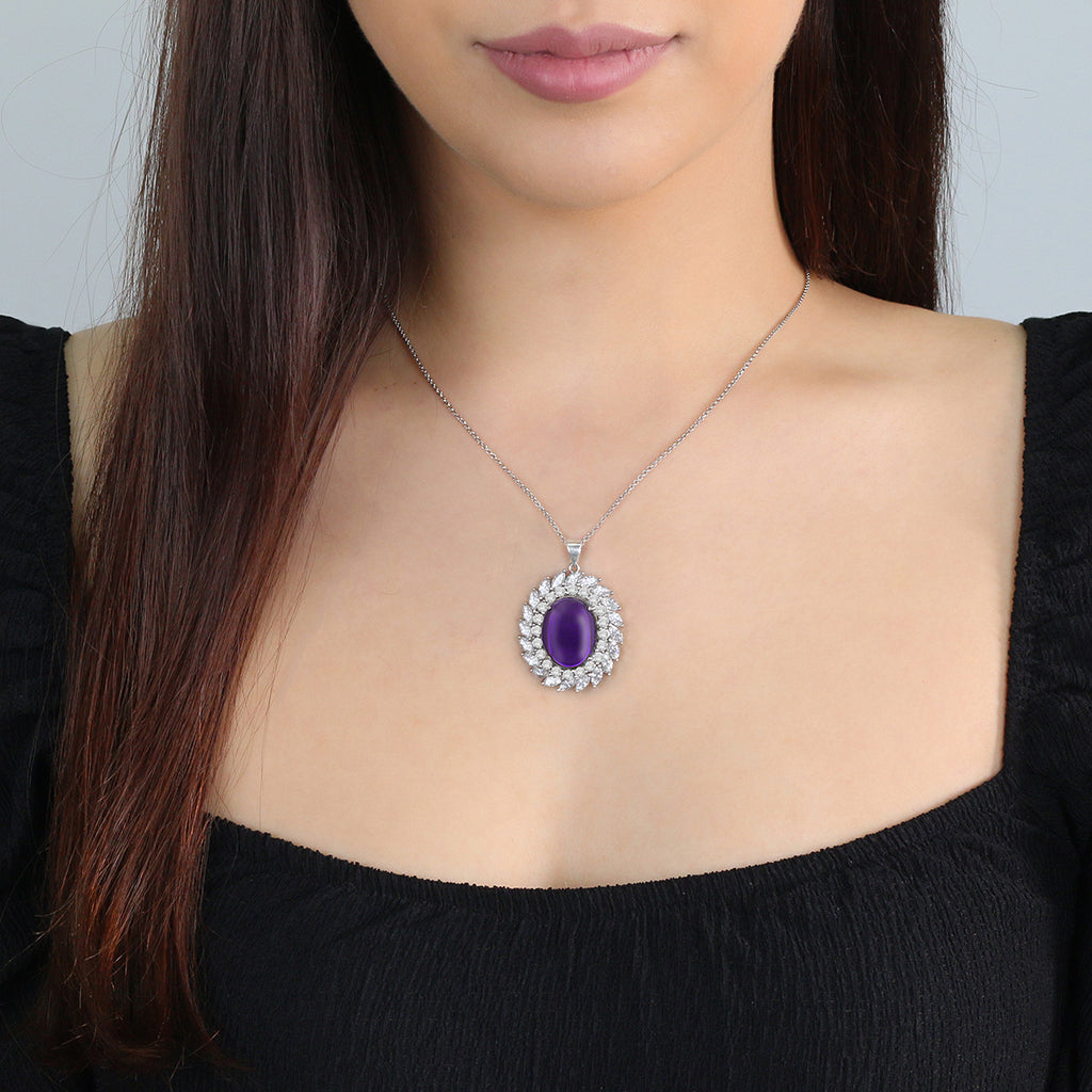 Sterling Silver Purple Gemstone Halo Pendant Necklace