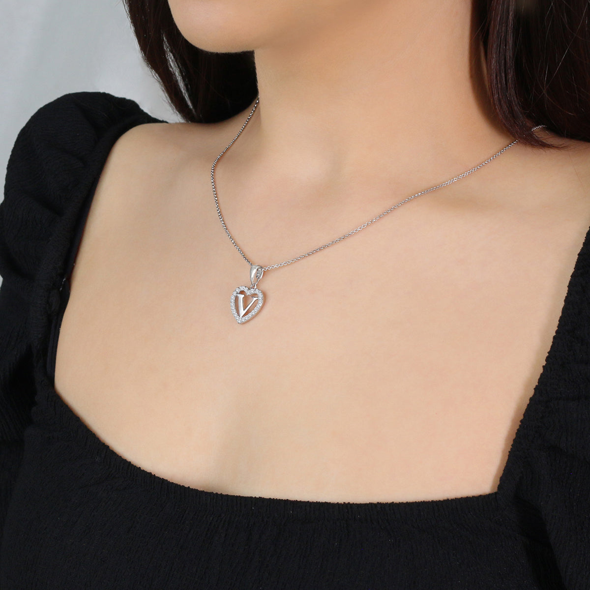 Sterling Silver Initial V Heart  Pendant