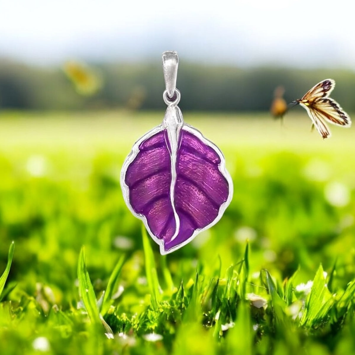 Silidia Purple Enamel Silver Leaf Pendant