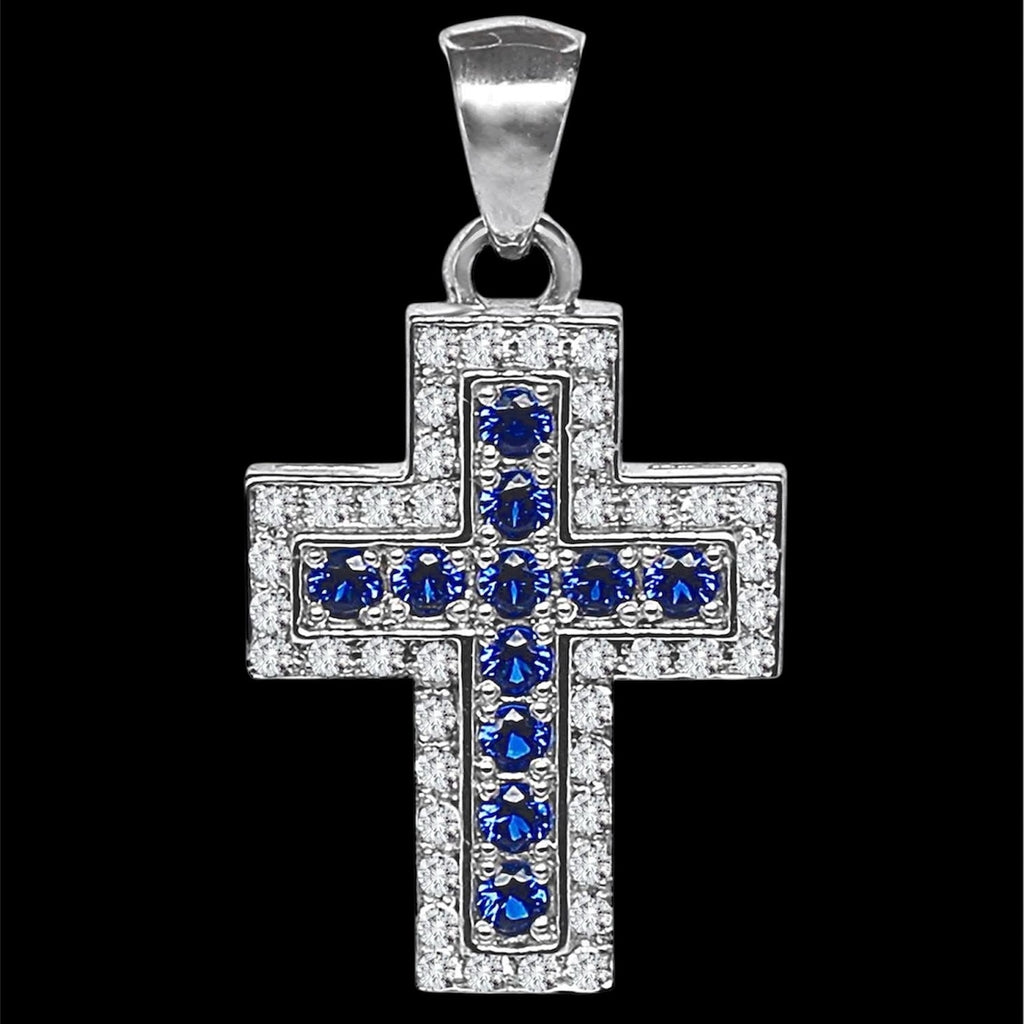 Silidia Silver Cross Cubic Pendant With Blue and White CZ