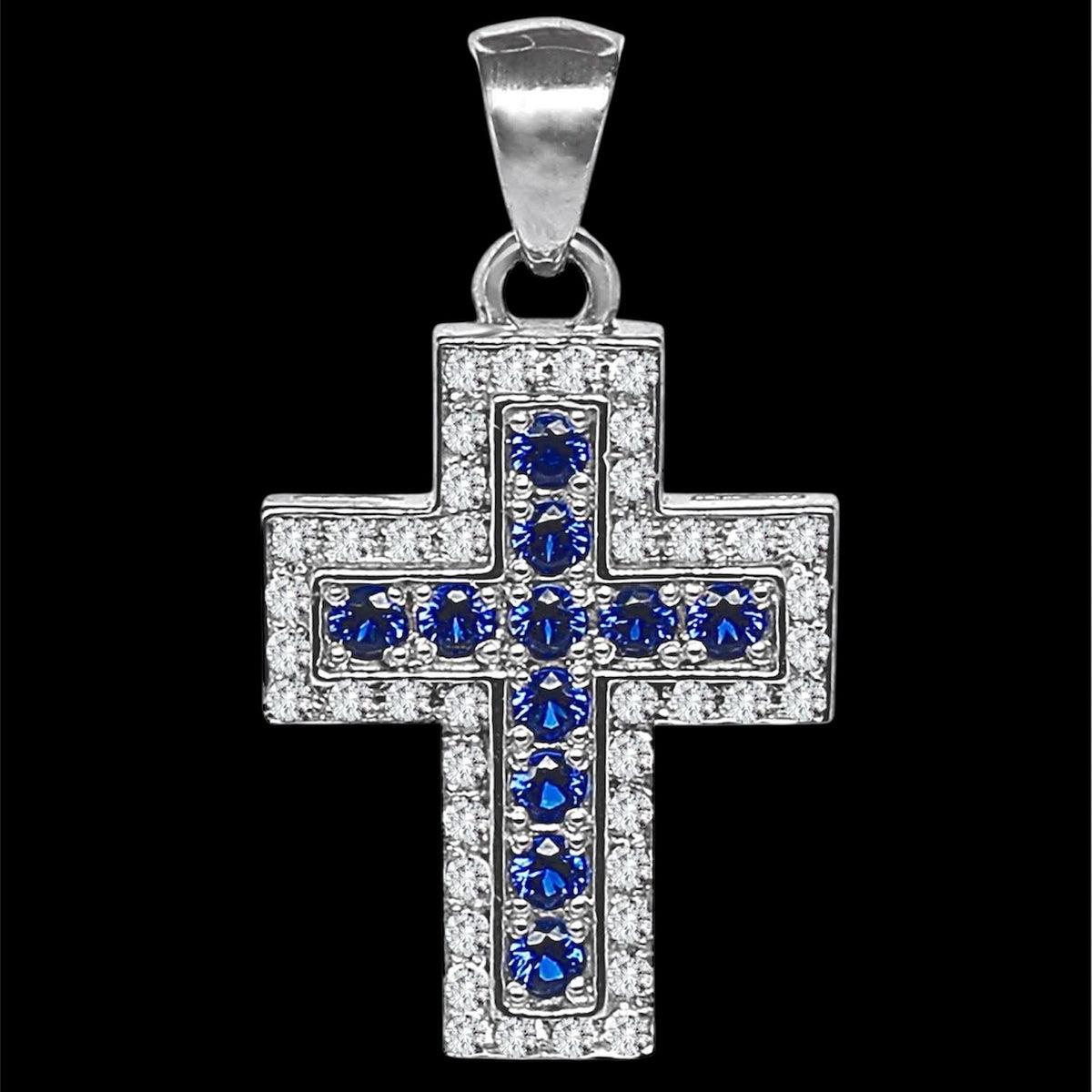 Silidia Silver Cross Cubic Pendant With Blue and White CZ