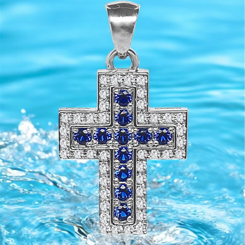 Silidia Silver Cross Cubic Pendant With Blue and White CZ