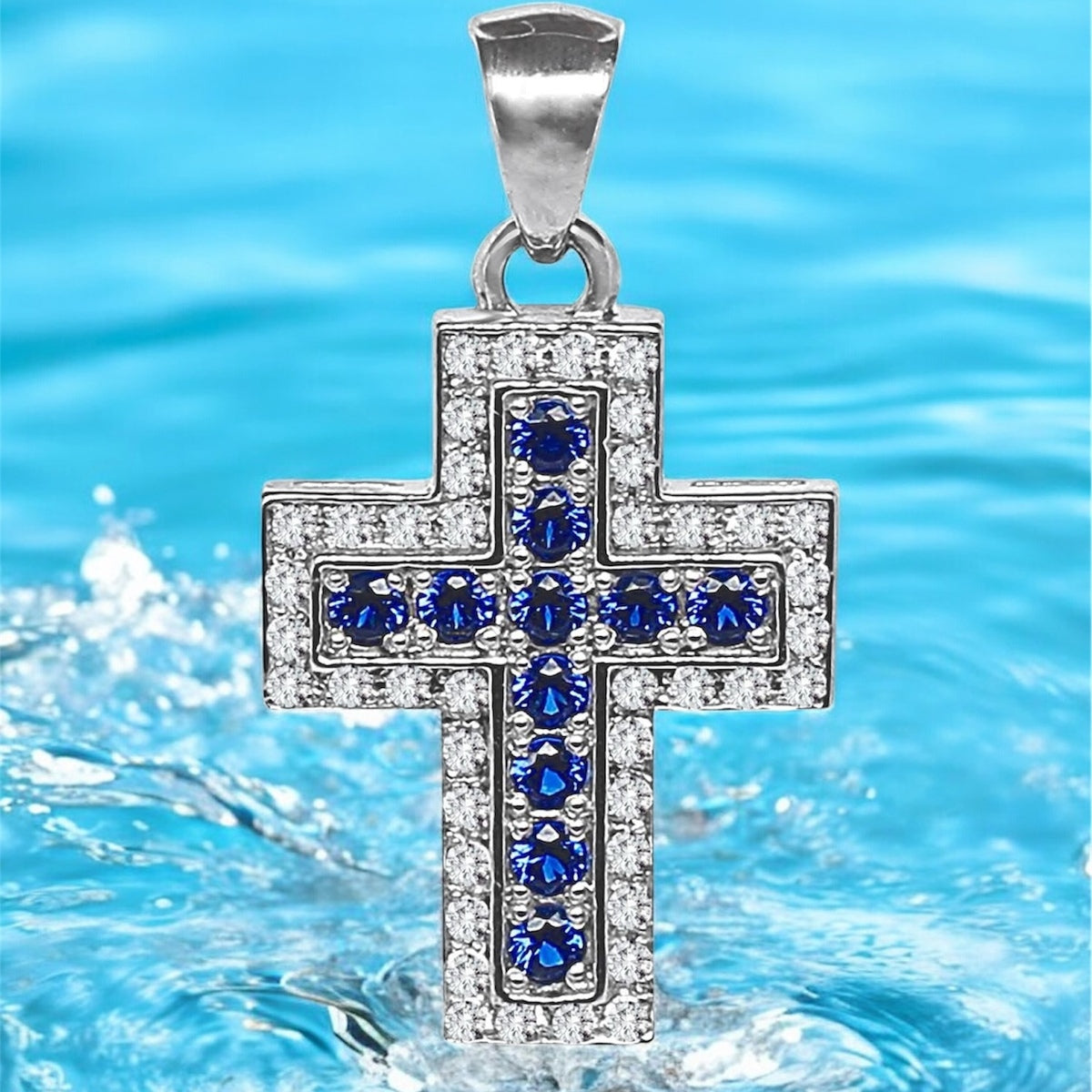 Silidia Silver Cross Cubic Pendant With Blue and White CZ