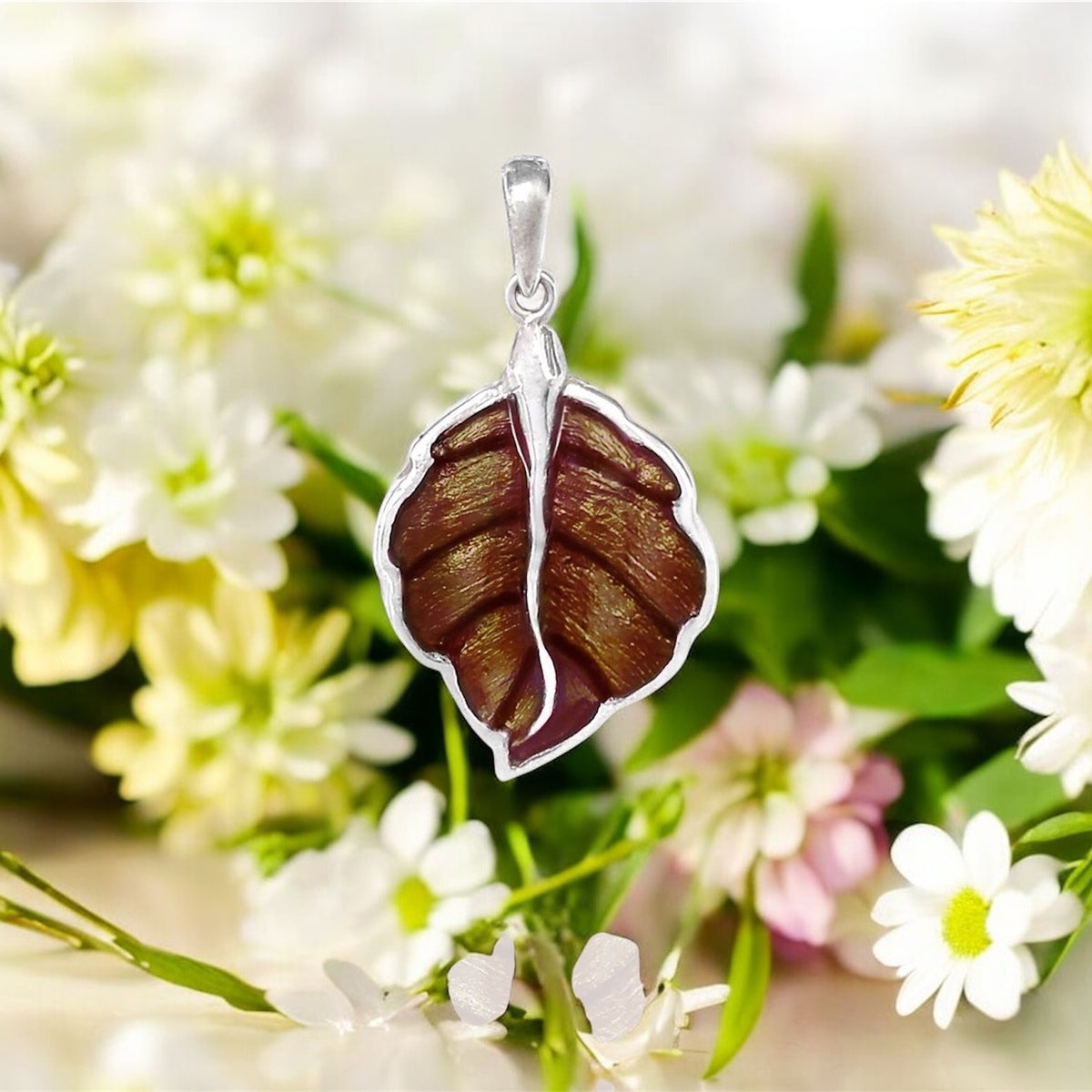 Silidia Brown Enamel Silver Leaf Pendant