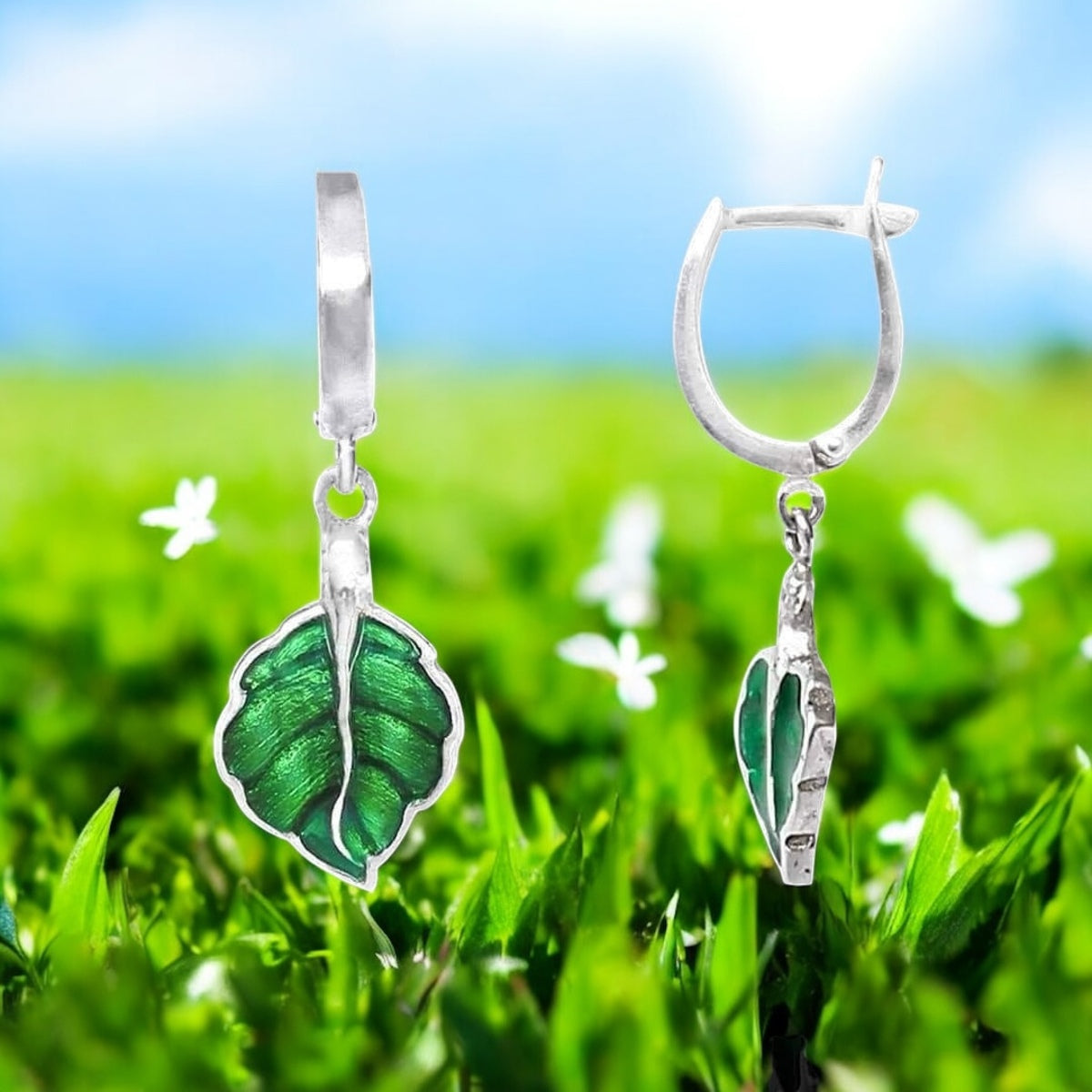 Silidia Green Enamel Silver Leaf Earrings