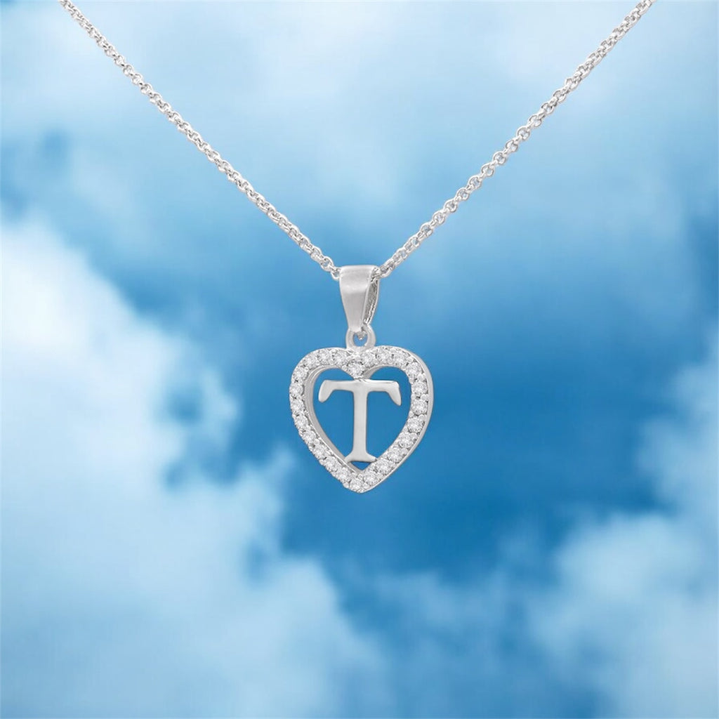 Sterling Silver Initial T Heart  Pendant