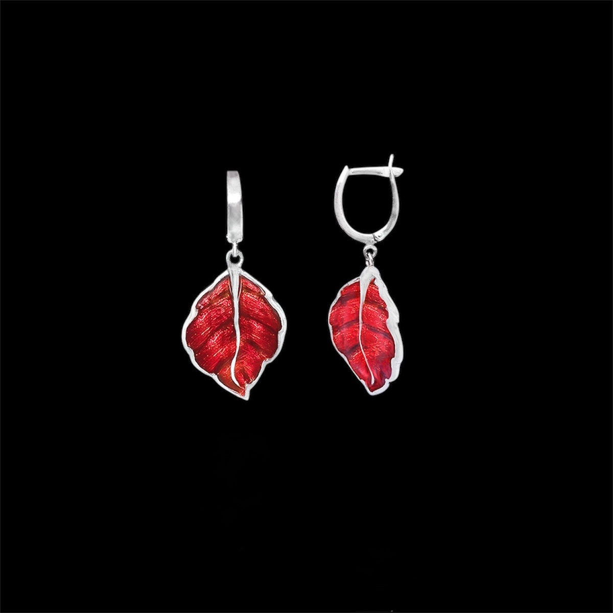 Sterling Silver Red Leaf Drop Earrings