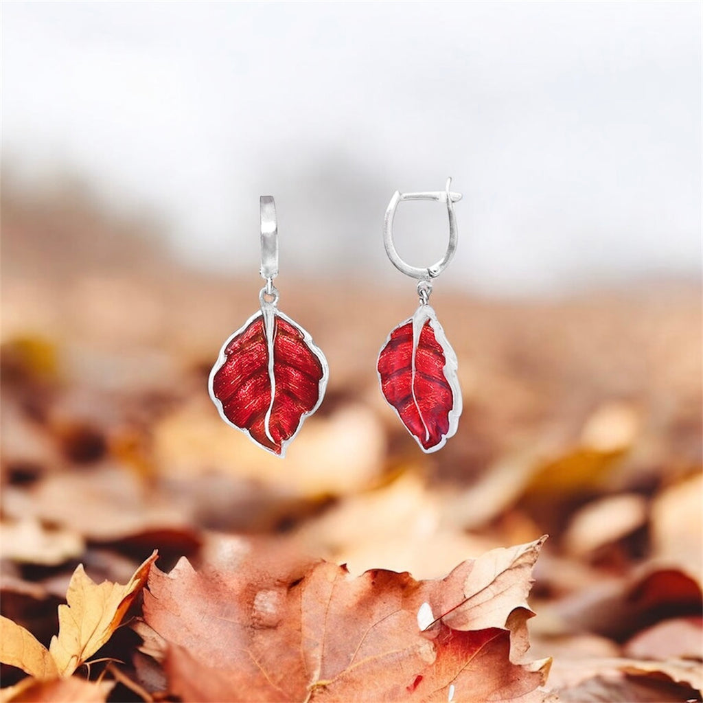 Sterling Silver Red Leaf Drop Earrings