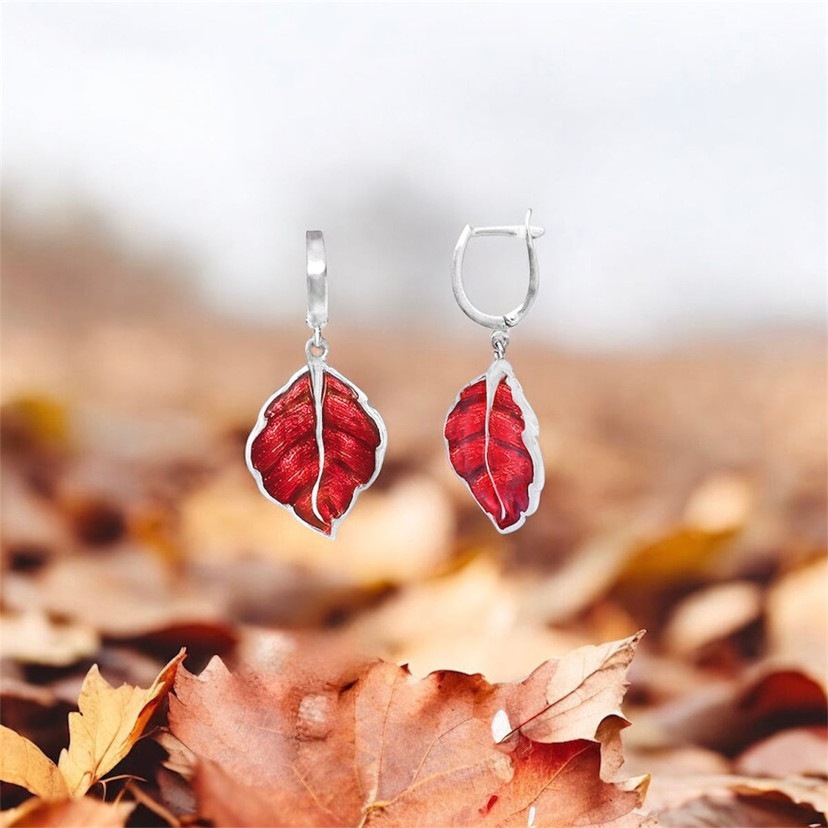 Sterling Silver Red Leaf Drop Earrings
