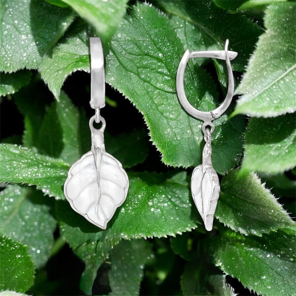 Sterling Silver White Leaf Drop Earrings