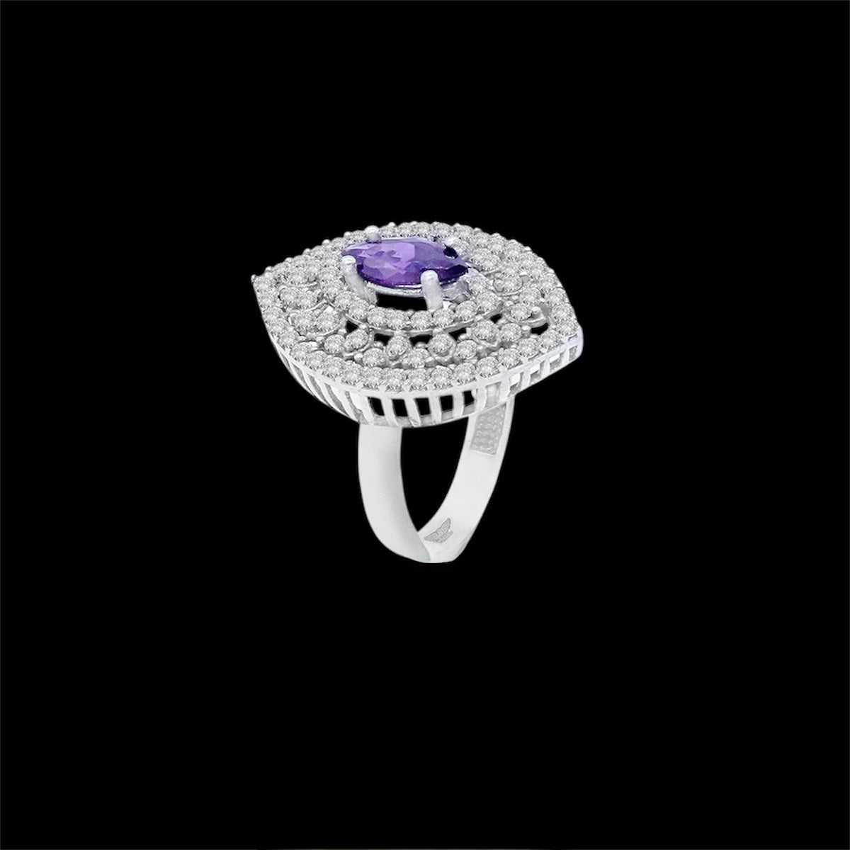 Sterling Silver Halo Ring with Purple Center Stone