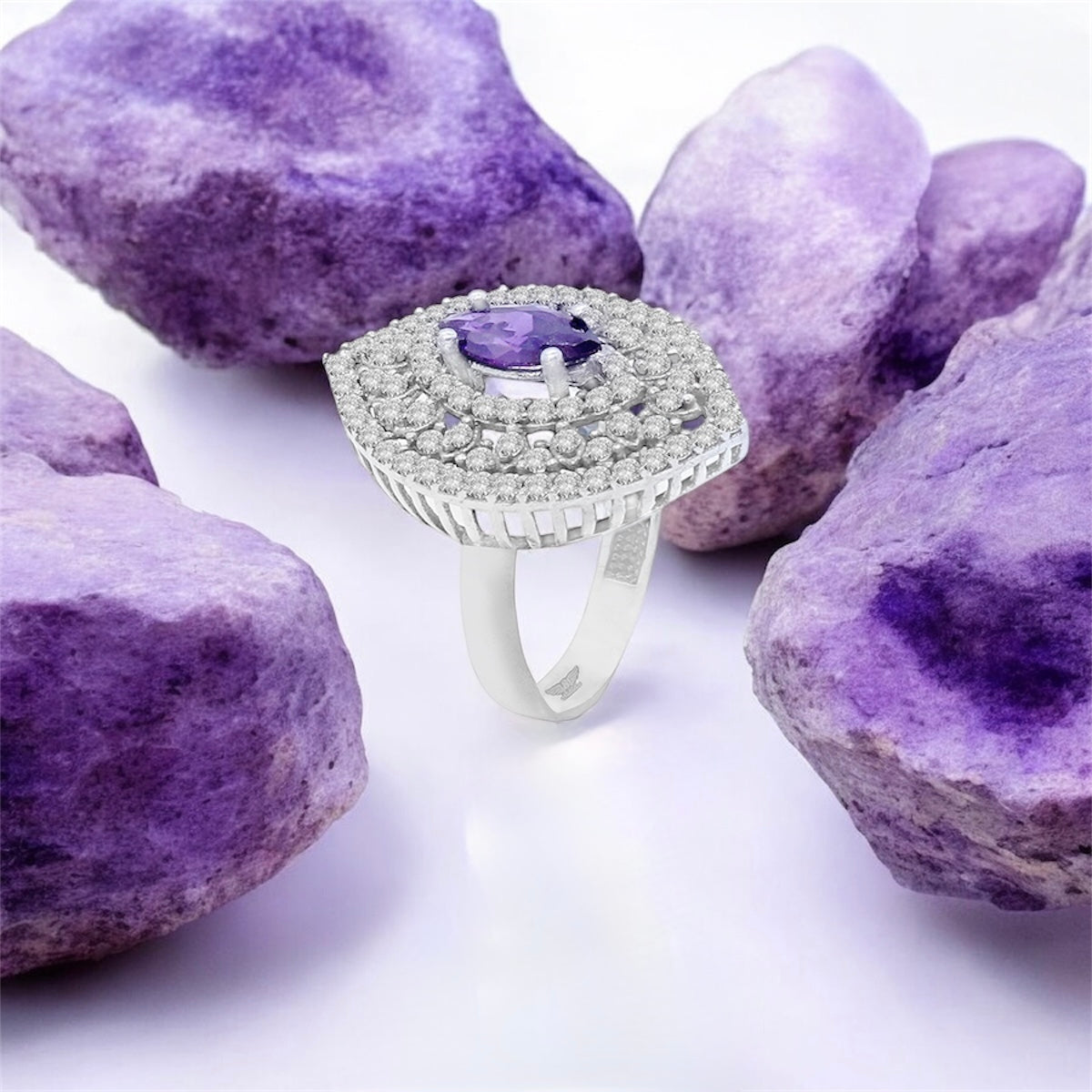 Sterling Silver Halo Ring with Purple Center Stone