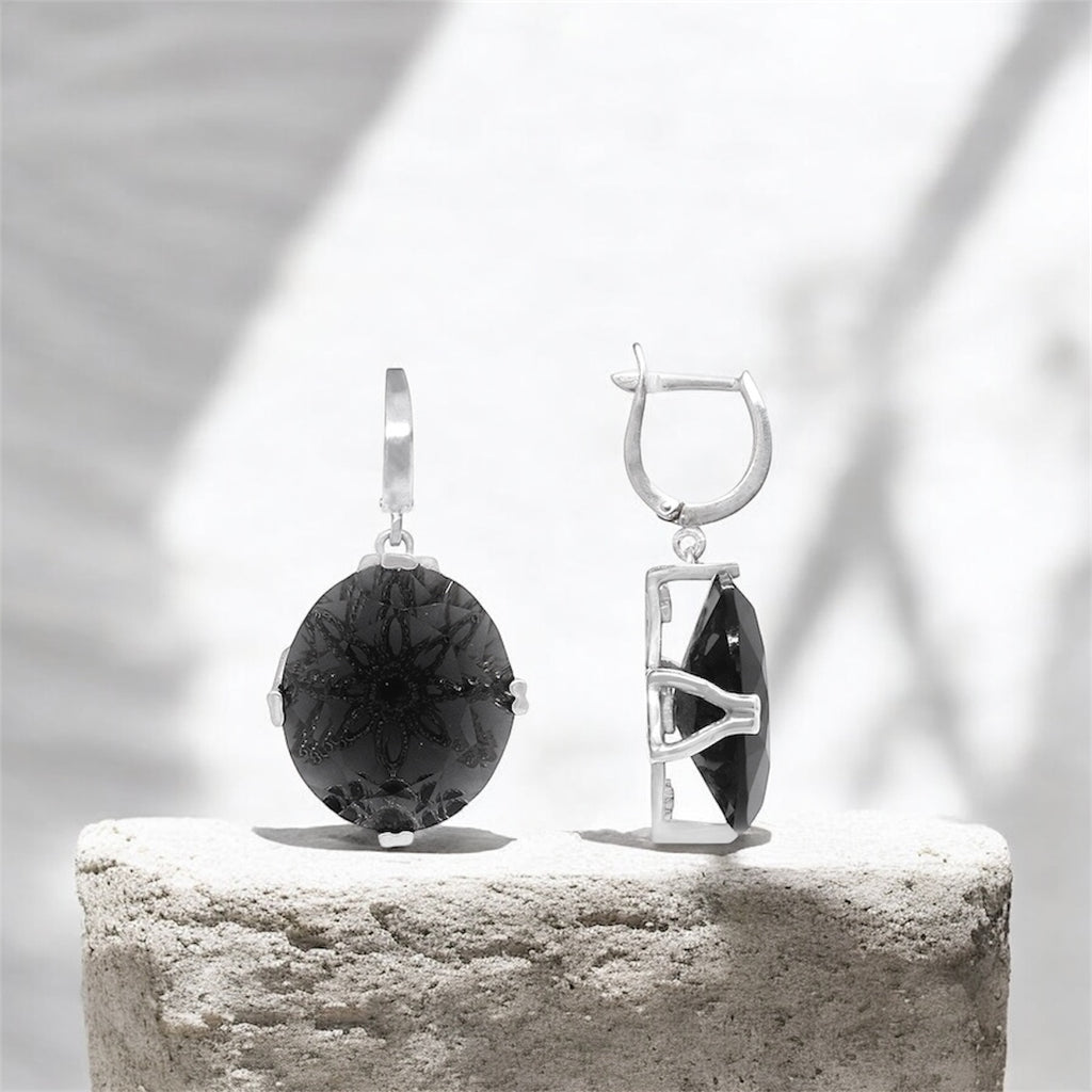 925 Silver Drop Earrings with Black Faceted Stone