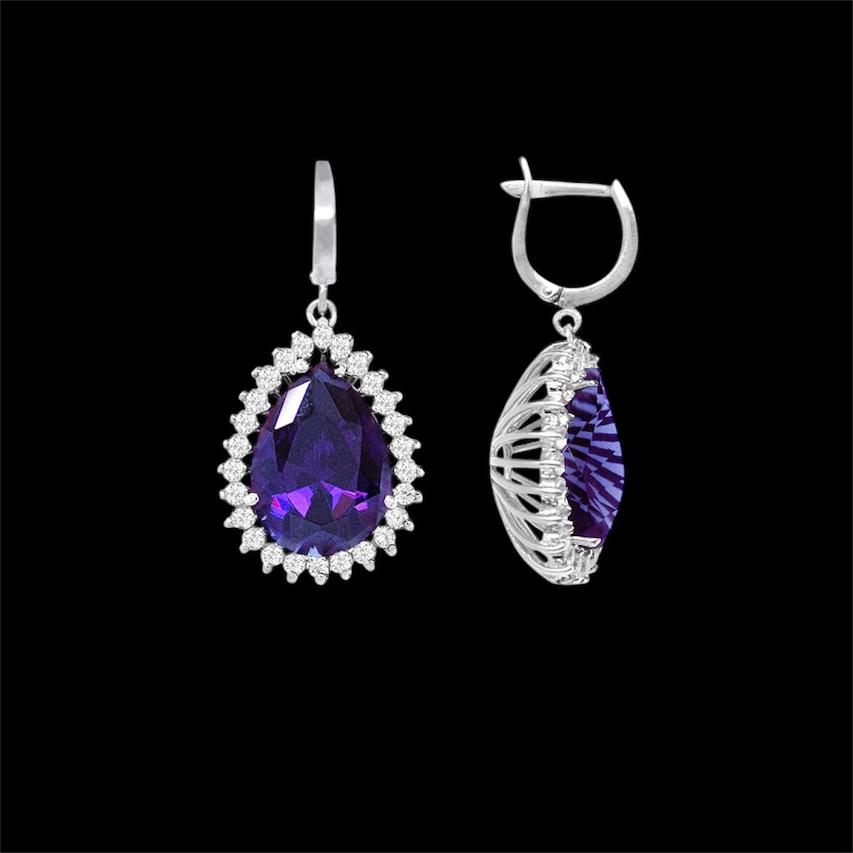 925 Silver Purple Halo Drop Earrings