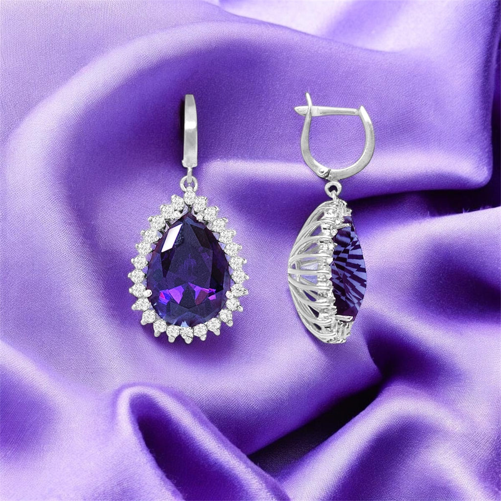 925 Silver Purple Halo Drop Earrings