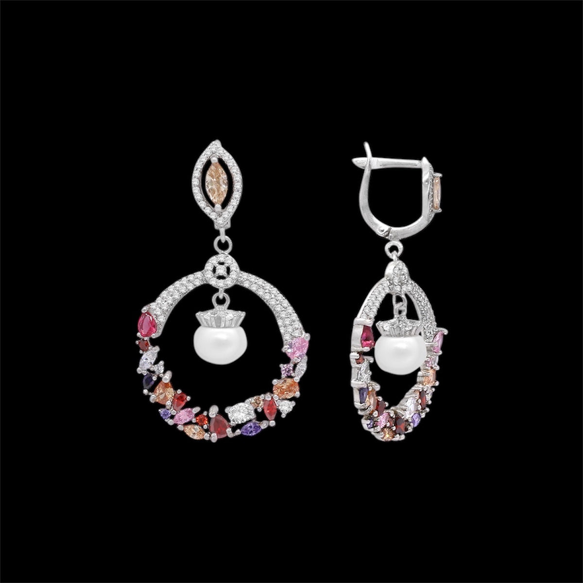 Sterling Silver Multicolor Gemstone & Pearl Drop Earrings