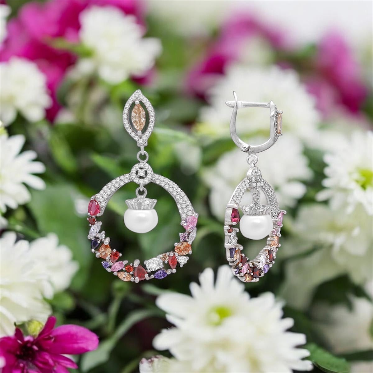 Sterling Silver Multicolor Gemstone & Pearl Drop Earrings