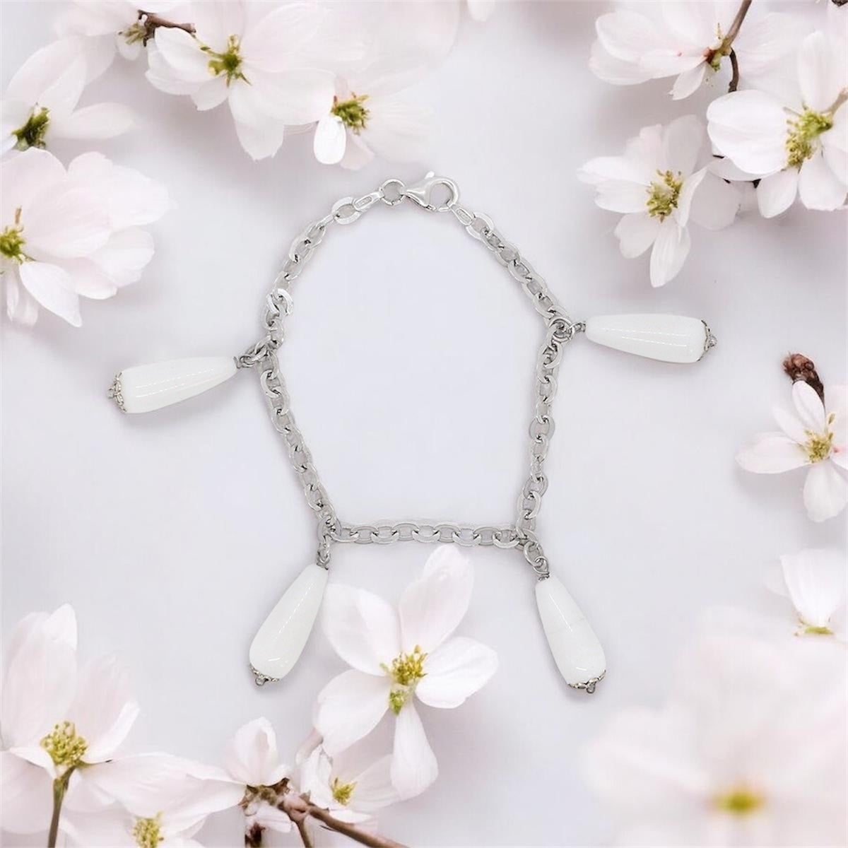 Sterling Silver Chain Bracelet with White Teardrop Charms