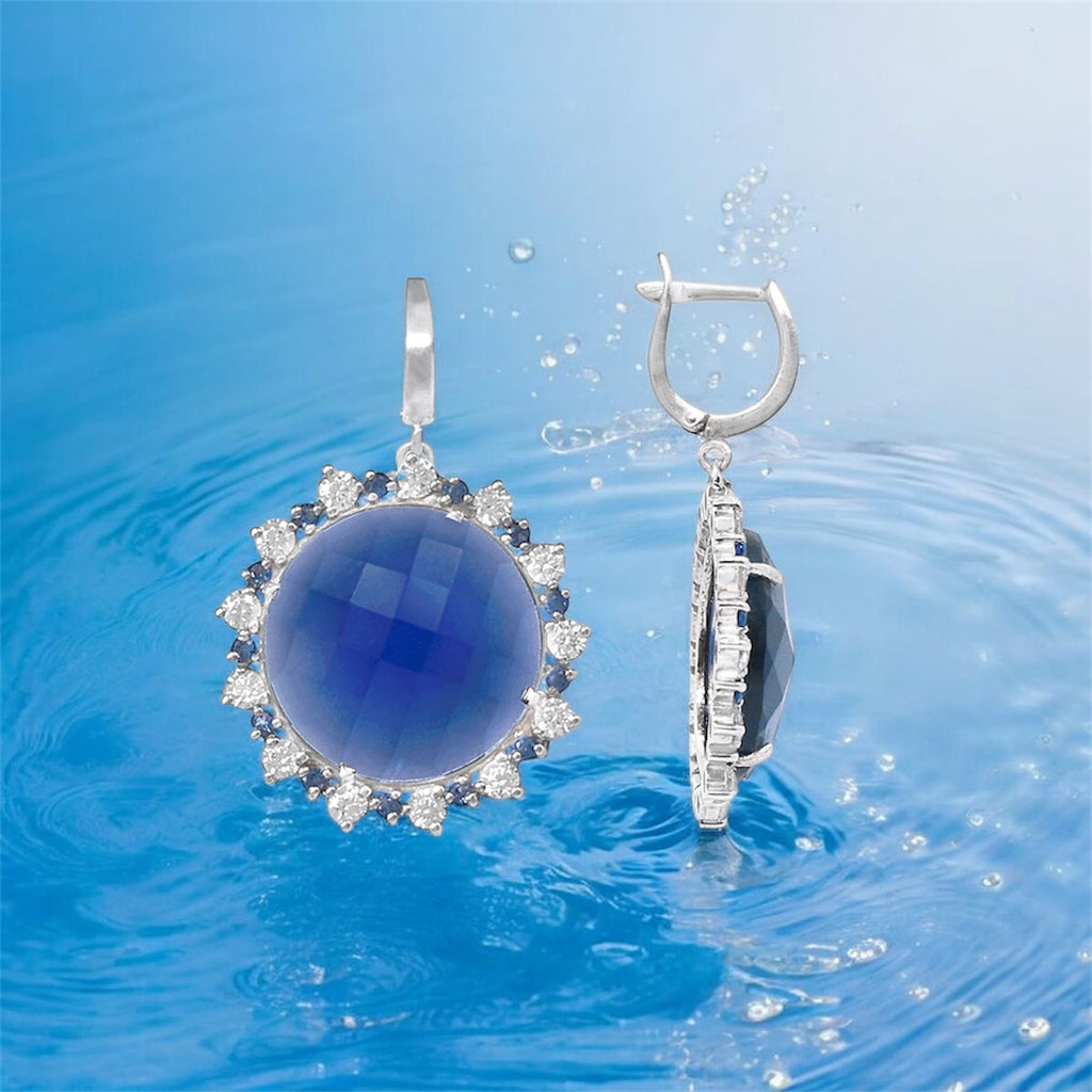Sterling Silver Blue Stone Halo Drop Earrings