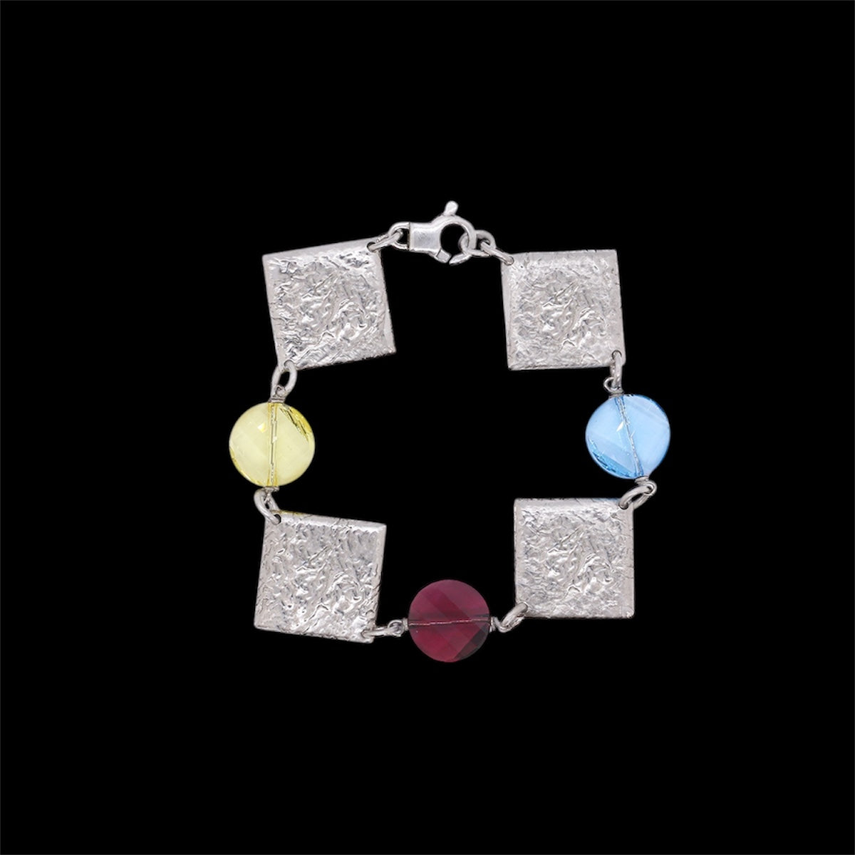 925 Silver Textured Square & Color Bead Bracelet