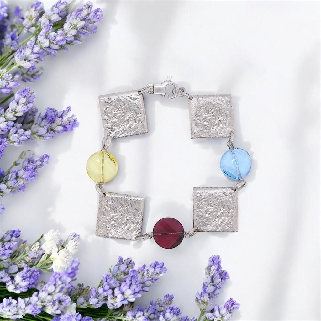 925 Silver Textured Square & Color Bead Bracelet