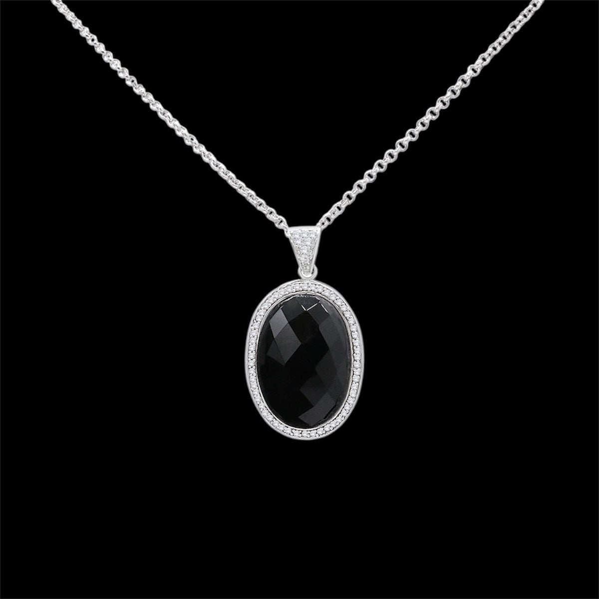 Sterling Silver Black Onyx Oval Pendant Necklace