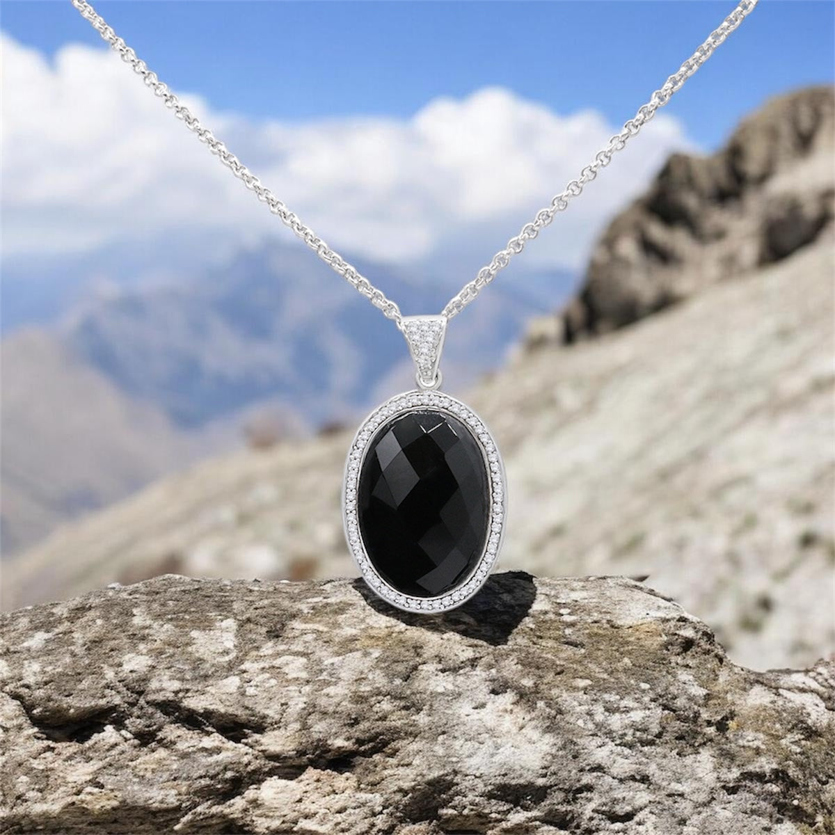 Sterling Silver Black Onyx Oval Pendant Necklace