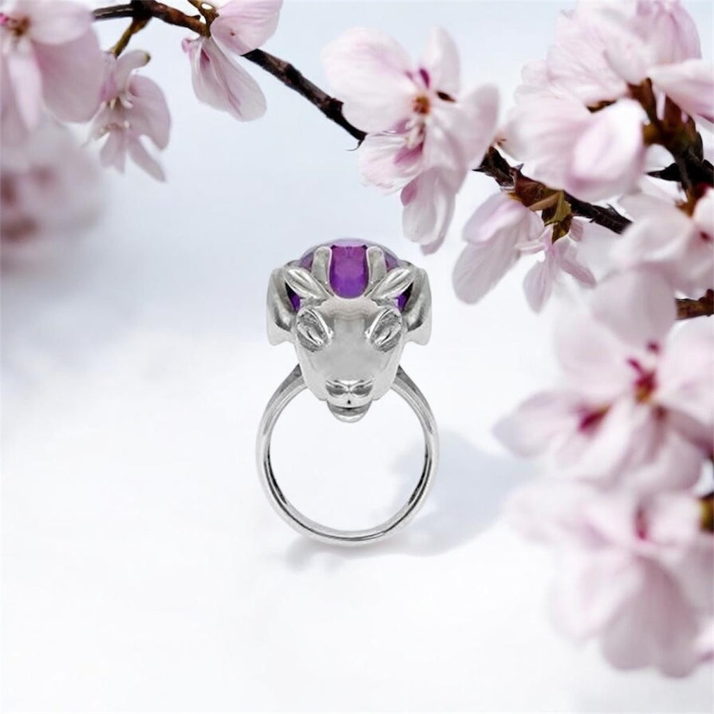 Sterling Silver Ram Head Amethyst Ring