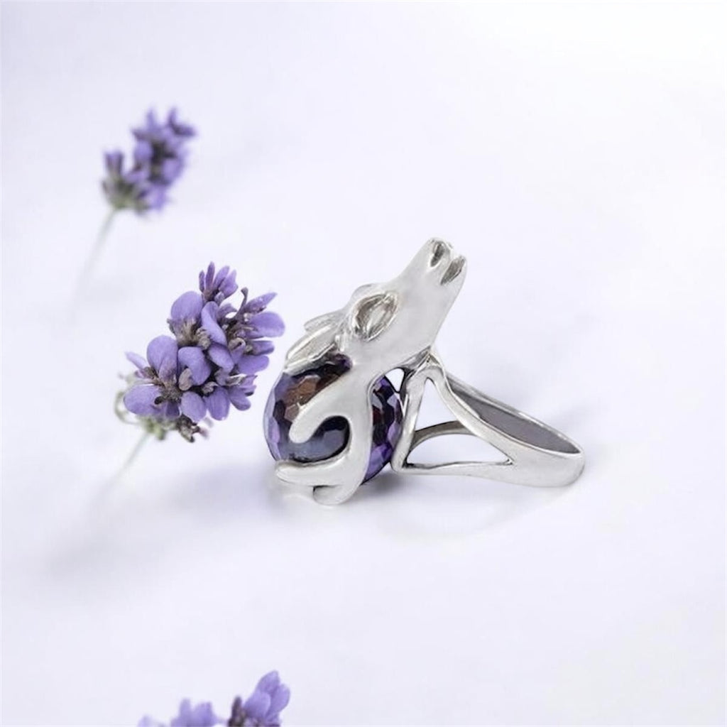 Sterling Silver Ram Head Amethyst Ring