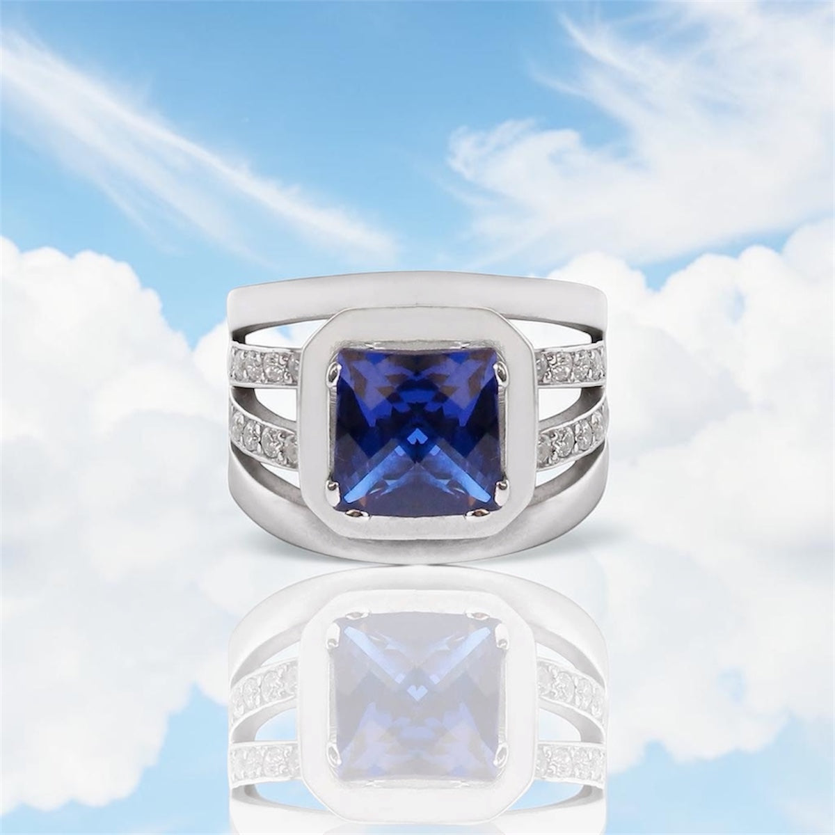 Square Ring with Dark Blue Zirconia